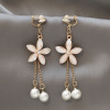 Retro ear clips from pearl, long earrings with tassels, no pierced ears, European style, wholesale