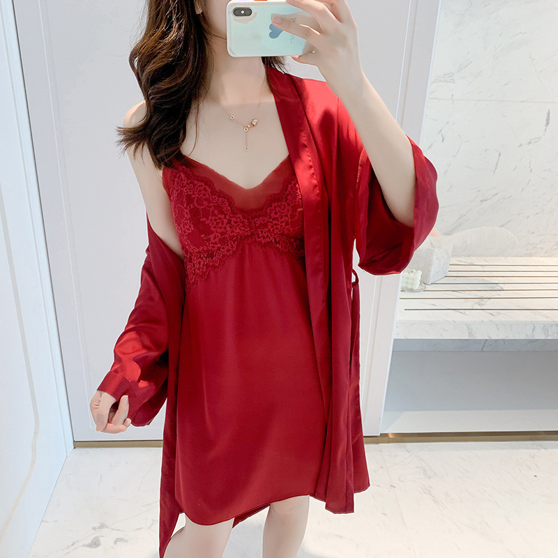 New Style Pajamas Women's Summer Ice Silk Two-piece Set with Chest Pad Sling Nightgown Bathrobe Lace Wedding Bridal Gown