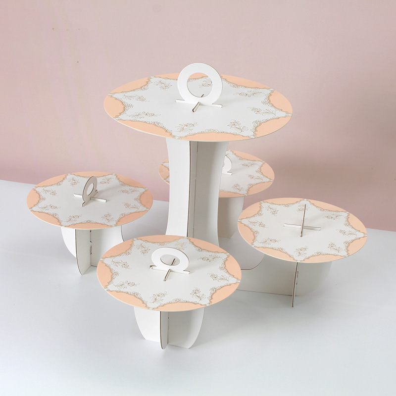 Soporte para pasteles de cinco niveles con encaje de estilo europeo simple y estampado dorado, soporte de papel para postres para el Día del Niño.