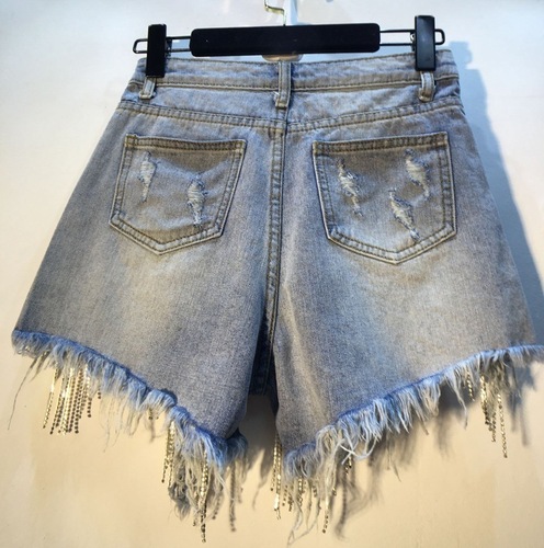 European summer new style ripped high waist rhinestone tassel chain slimming straight denim shorts for women