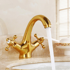 European-style antique-style cold and hot water faucet, bathroom gold-tone washbasin faucet, two-hand single-hole faucet, brass
