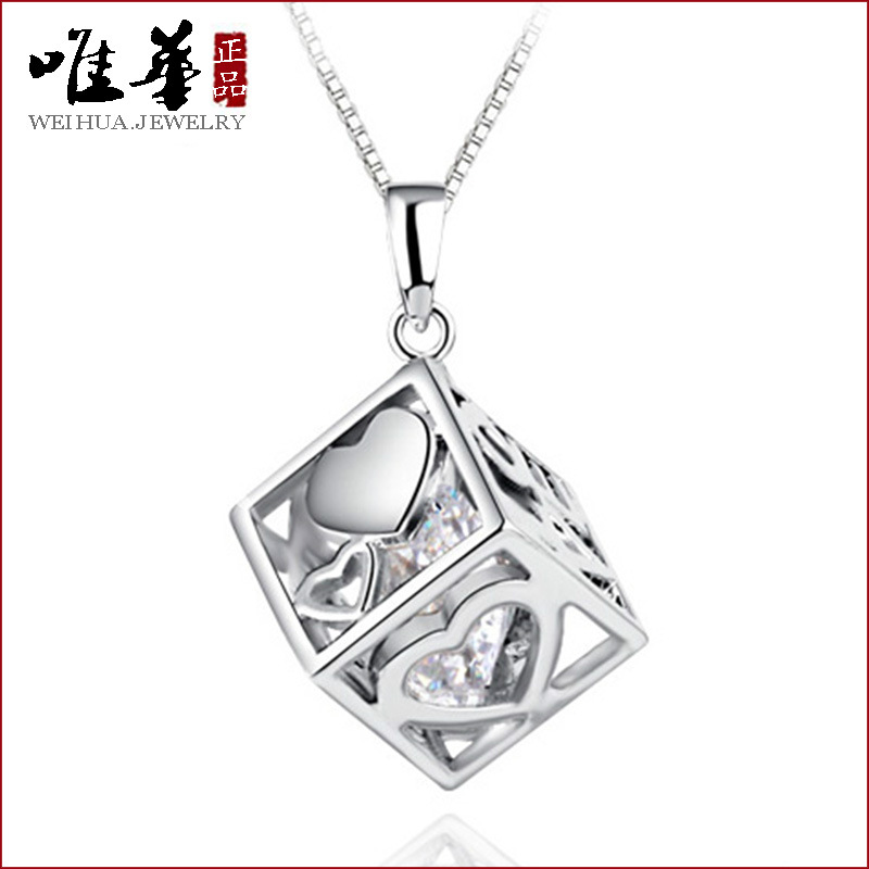 Women Korean Style Rubik's Cube Pendant Necklace White Gold Plated