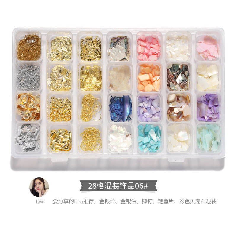 28 joyas de manicura mezcladas, perlas de acero, remaches de estrellas y lunas, conchas de metal, papel de oro y plata, accesorios de uñas, cristal