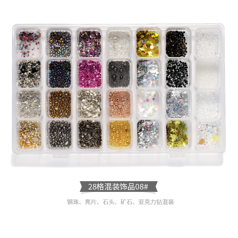 28 joyas de manicura mezcladas, perlas de acero, remaches de estrellas y lunas, conchas de metal, papel de oro y plata, accesorios de uñas, cristal