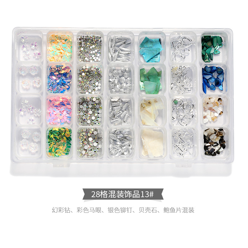 28 joyas de manicura mezcladas, perlas de acero, remaches de estrellas y lunas, conchas de metal, papel de oro y plata, accesorios de uñas, cristal