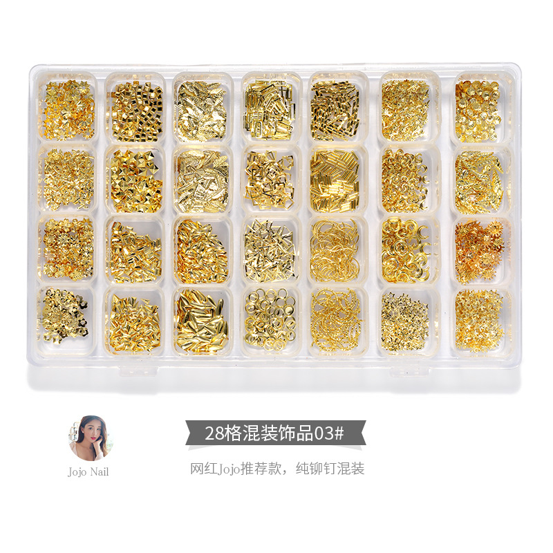 28 joyas de manicura mezcladas, perlas de acero, remaches de estrellas y lunas, conchas de metal, papel de oro y plata, accesorios de uñas, cristal