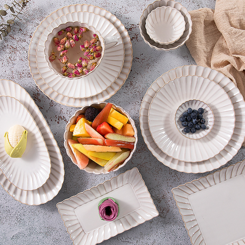 Japanese Retro Creative Chrysanthemum Ceramic Tableware Set Kiln-Turned Western Plate Family Home Breakfast Simple Salad Bowl