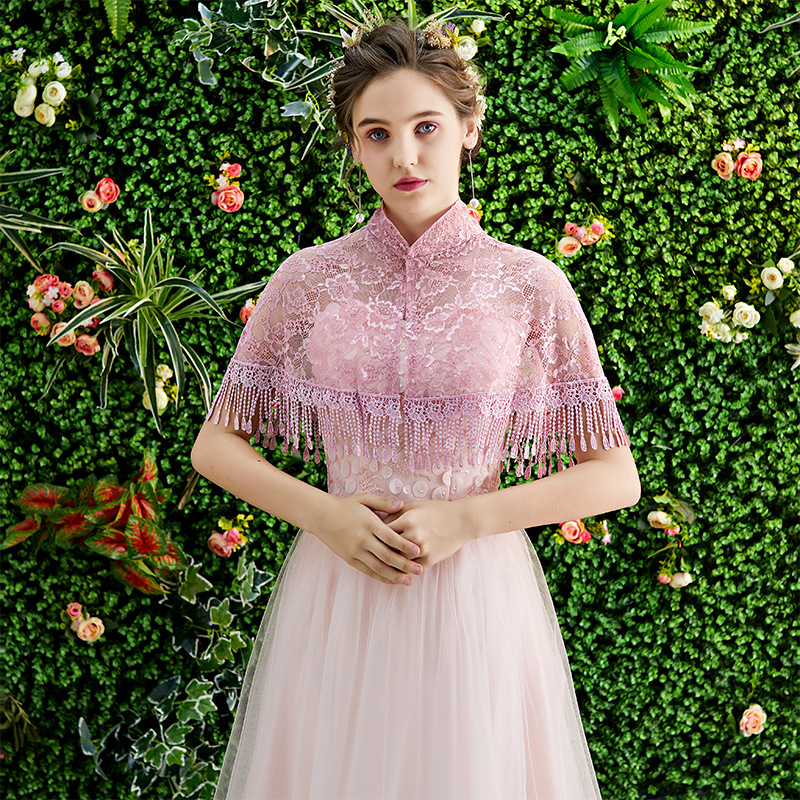New summer lightweight bridal wedding dress, cheongsam, stand-up collar lace mesh shawl, cape, tassel shawl