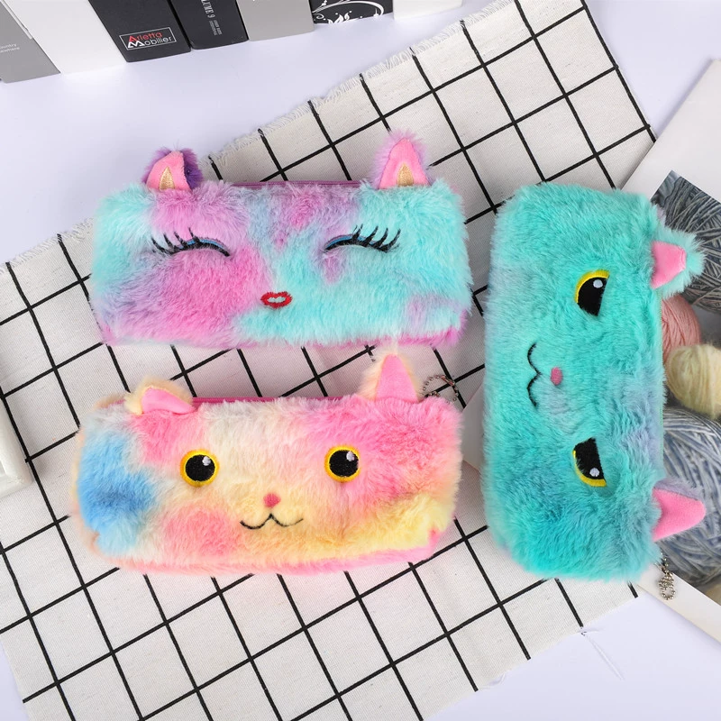 Plush pencil case for elementary school students, stationery, storage bag, for import, kitten, wholesale