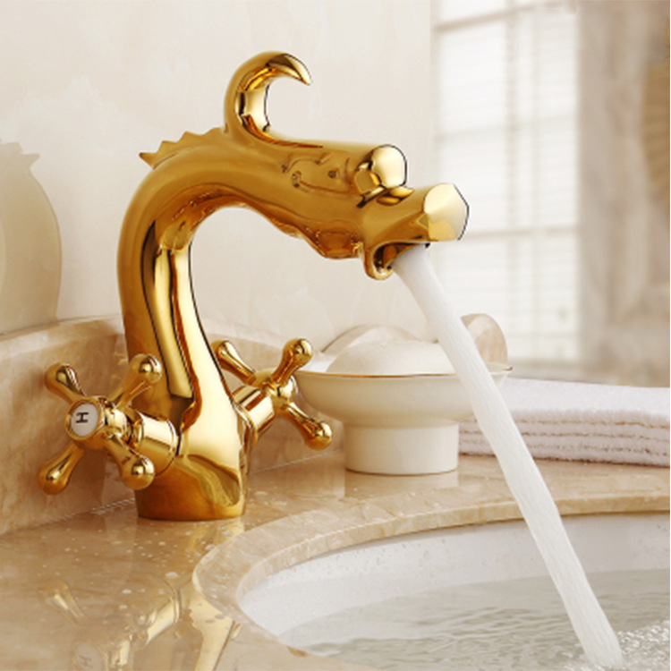 European antique hot and cold faucet dragon shape retro single hole wash basin bathroom gold black basin faucet brass