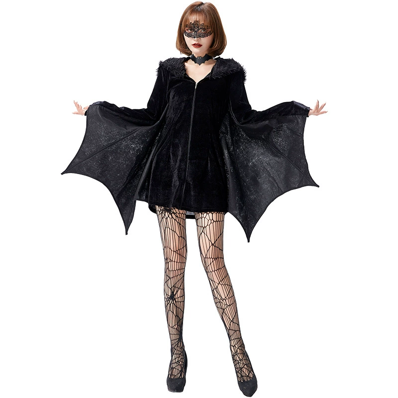 Hooded Bat Cape Dress, Women's Punk Halloween Cosplay, One Size, Lace/Black Options