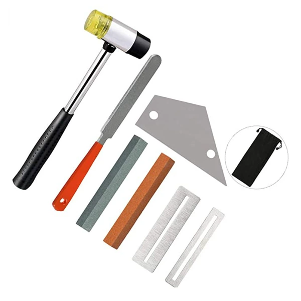 Set 5: Orange handle file with holes + fret hammer + red stone + green stone + 2-hole triangle ruler + spacer + storage bag 395g