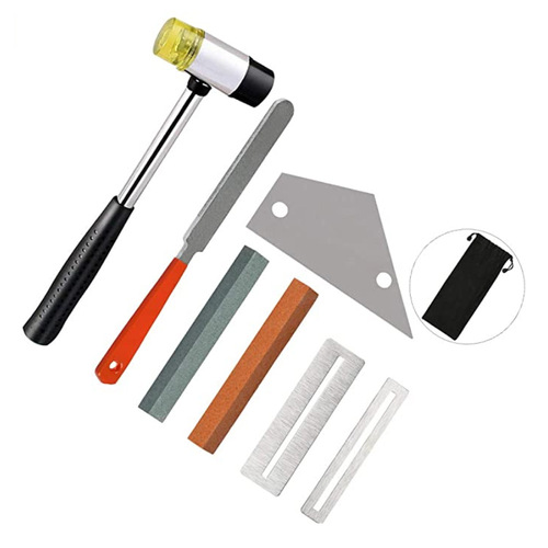 Large supply of guitar fret leveling, polishing spacer stones, stainless steel files, guitar repair tool sets