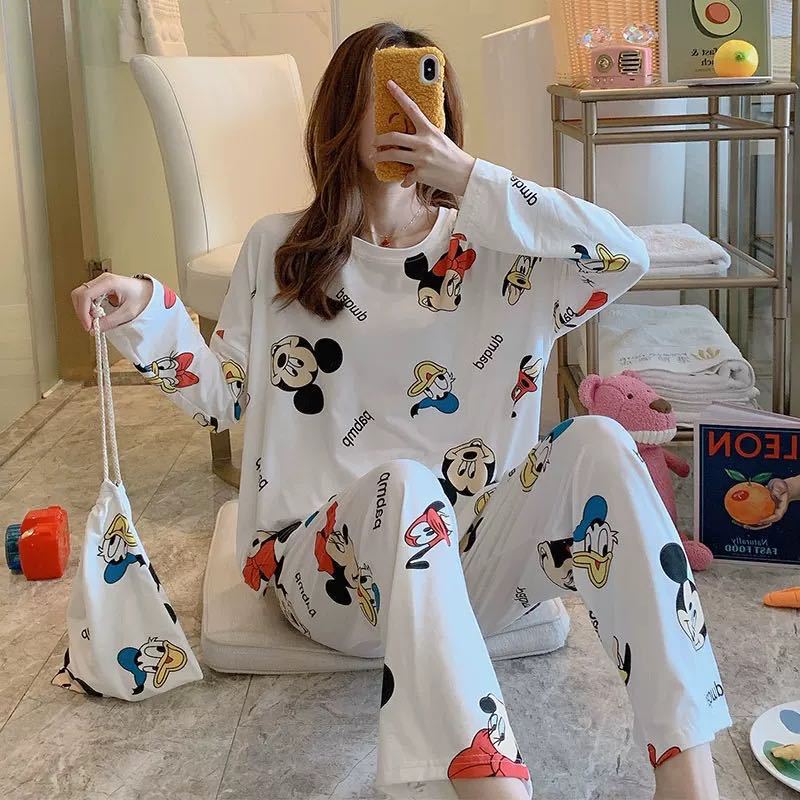 Long-Sleeved Pajamas for Women Spring and Autumn Plus Size Women's Summer Korean Version Can Be Worn Outside Women's Plus Fat Home Clothes Set Cartoon