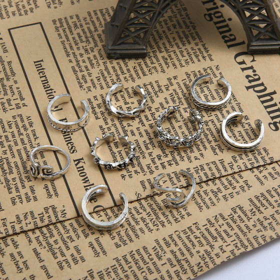European and American new wave totem pattern open ring summer joint ring beach foot ring 9-piece set