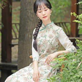 改良版旗袍连衣裙2021春夏女装文艺复古中国风抽绳显瘦日常禅茶服