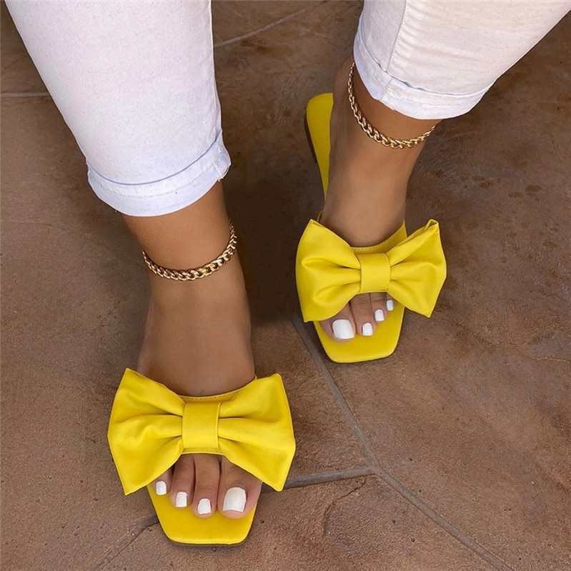 2021 Summer New Large Size Foreign Trade Women's Shoes Bow Square Head Low Heel Women's Slippers for Foreign Trade