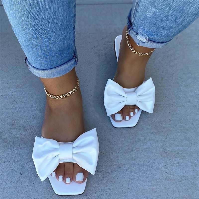 2021 Summer New Large Size Foreign Trade Women's Shoes Bow Square Head Low Heel Women's Slippers for Foreign Trade