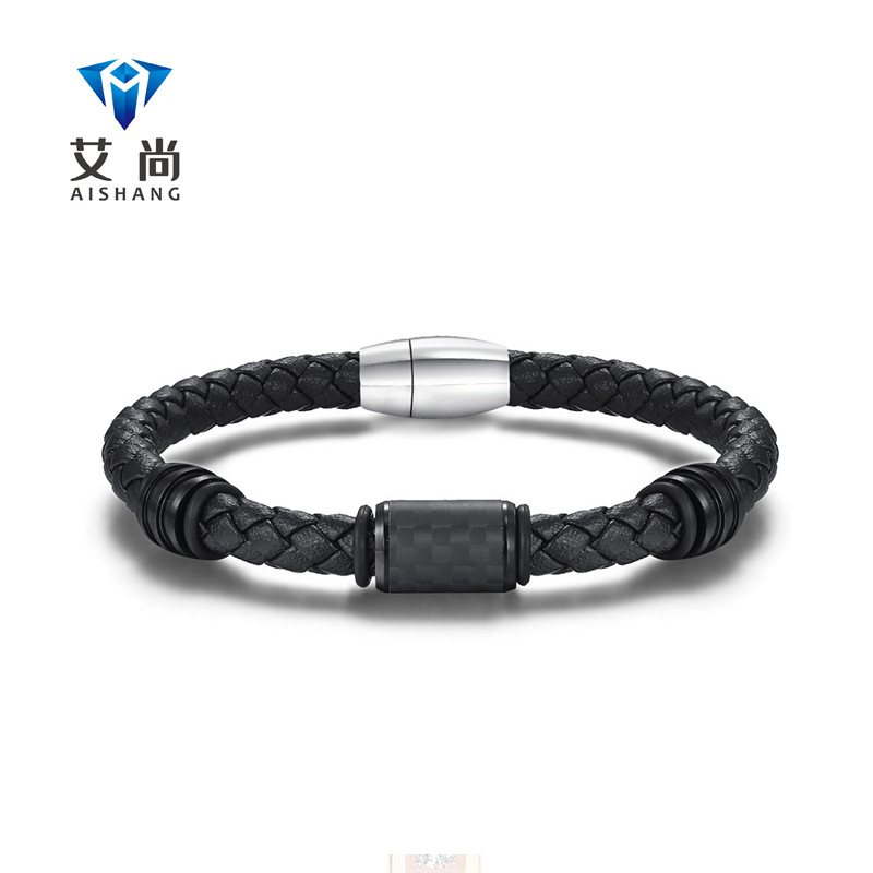 Men's Solid Carbon Fiber Leather Bracelets in Stock Wholesale Titanium Steel Jewelry European and American Support Dropshipping