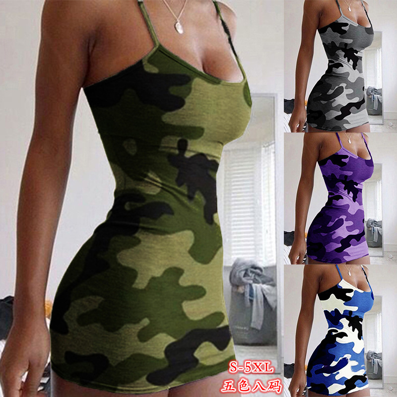 2024 Summer New Women's Clothing Camouflage Printed Sling Sexy Bag Hip dress Printed Sling Floral dress