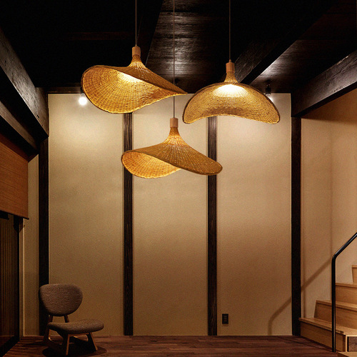 竹编吊灯新中式茶室禅意东南亚日式灯具创意个性草帽灯服装店吊灯