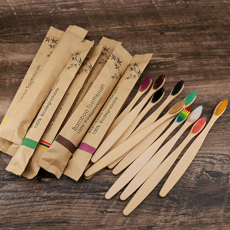 Wholesale Bamboo Toothbrush Disposable Soft-Bristled Bamboo Handle Toothbrush Paper Bag Biodegradable Packaging Flat Bamboo Toothbrush