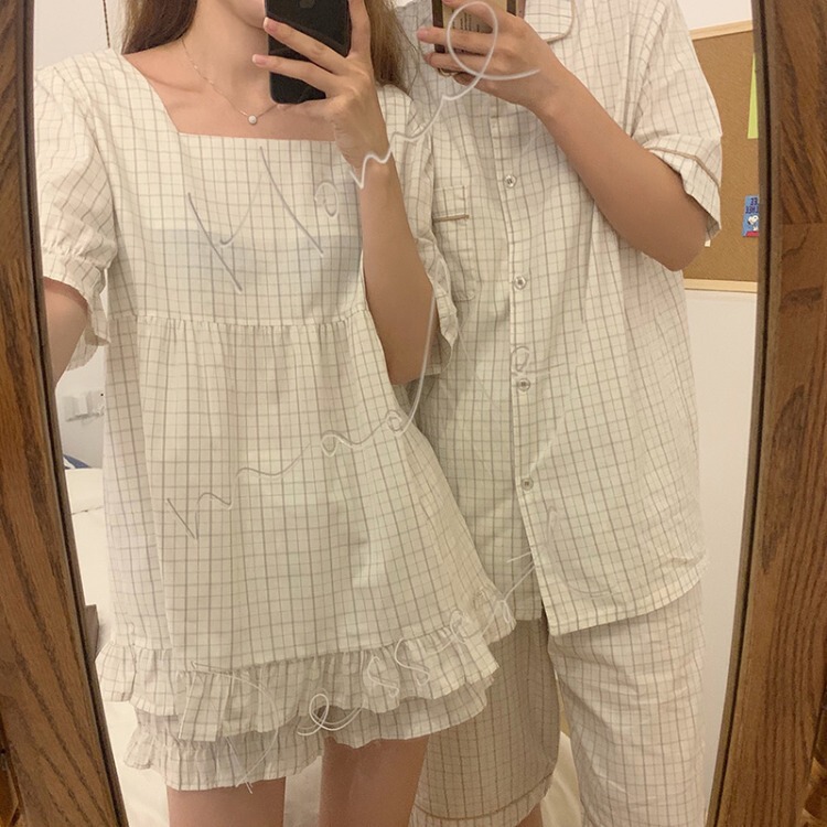 Women's Couple's New Simple White Plaid Doll Loose Pajamas Home Clothes Set for Women
