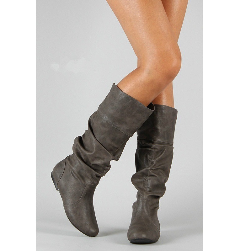 Fashion pleated boots high round head solid color_voghion.com