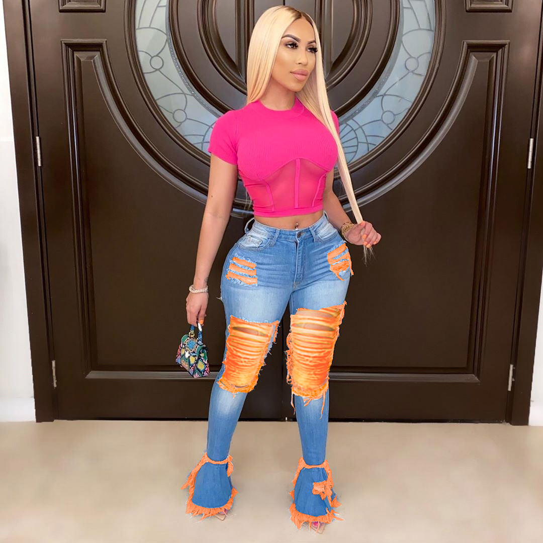 "Stretch High-Waisted Flared Jeans With Fringe – Retro Streetwear Denim Pants For Women_mkmklike.com