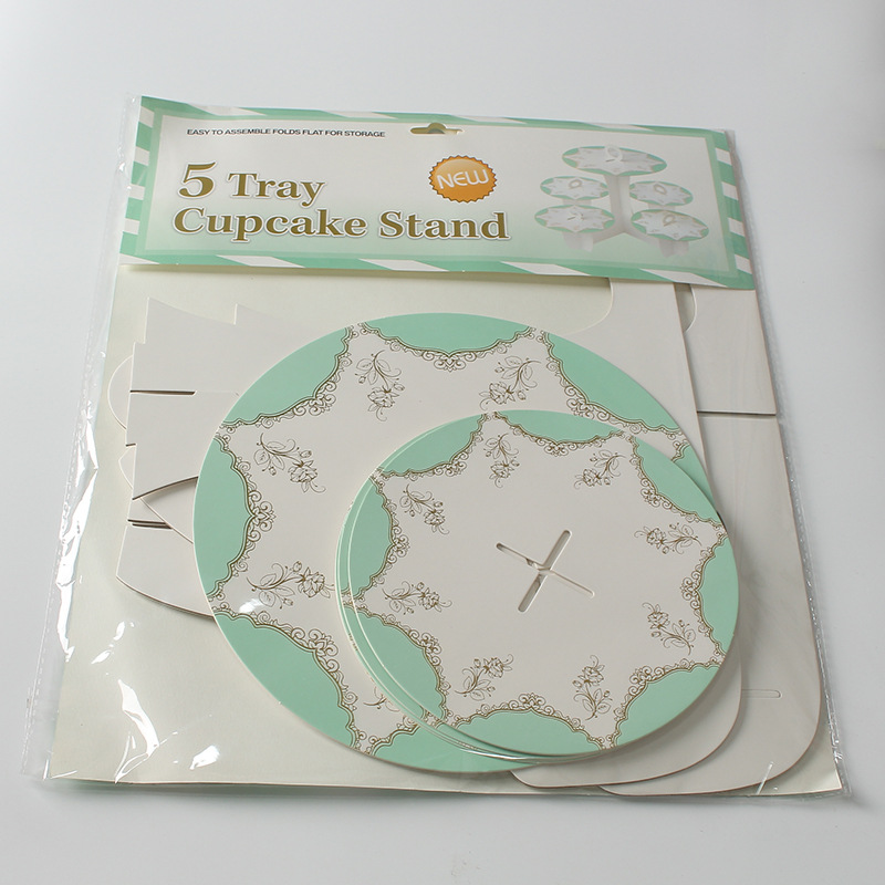 Soporte para pasteles de cinco niveles con encaje de estilo europeo simple y estampado dorado, soporte de papel para postres para el Día del Niño.