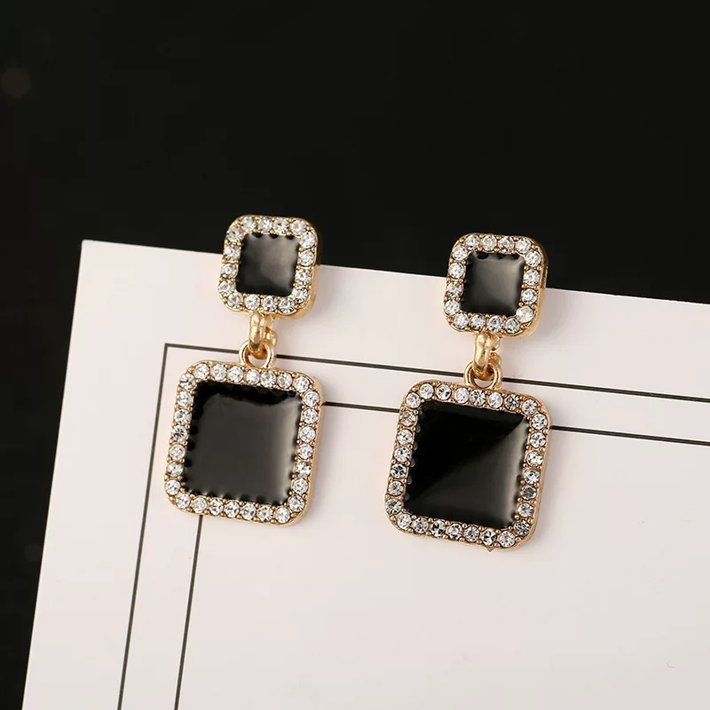 Длинные висячие серьги, Sterling Silver 925 образец, черный эмаль с кристальной окантовкой
