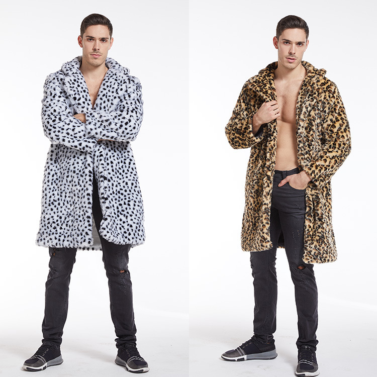 Cross-Border Faux Fur Coat for Autumn and Winter, Men's Leopard Print Suit Collar Long Coat, Light Luxury Style, Loose Fit with Turn-Down Collar