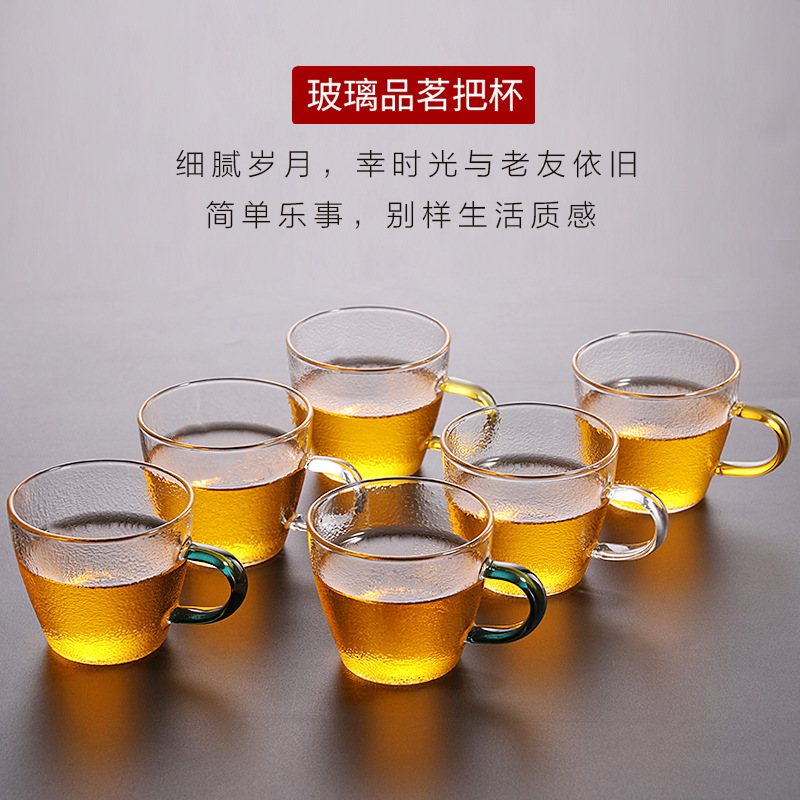 높은 붕규산 유리 찻잔 차 시음 컵 가정용 작은 찻그릇 일본식 해머 쿵푸 유리 손잡이 마스터 찻잔