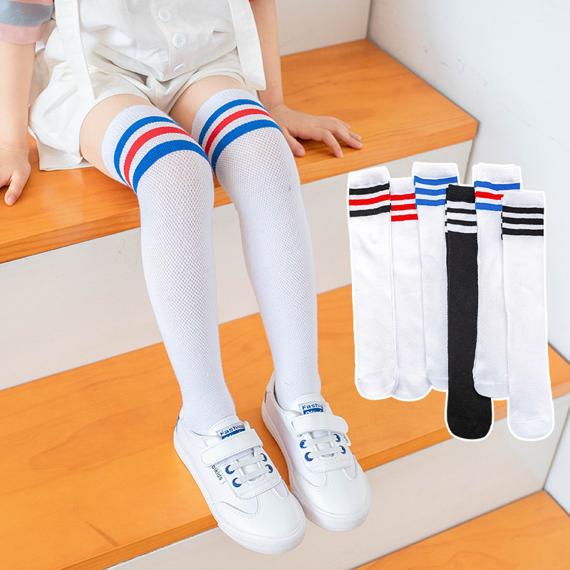 Spring and summer thin children's three bars mesh mid-length stockings students knee-high cotton piled socks breathable football socks