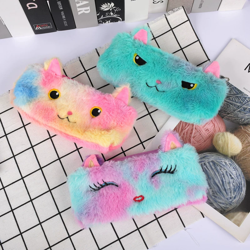 Plush pencil case for elementary school students, stationery, storage bag, for import, kitten, wholesale