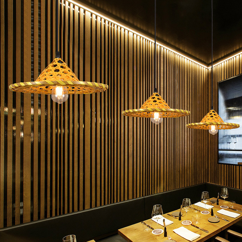 Estilo chino sombrero de paja de bambú araña cubo sombrero personalidad creativa retro olla caliente restaurante granja restaurante lámpara