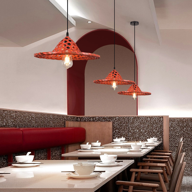 Estilo chino sombrero de paja de bambú araña cubo sombrero personalidad creativa retro olla caliente restaurante granja restaurante lámpara