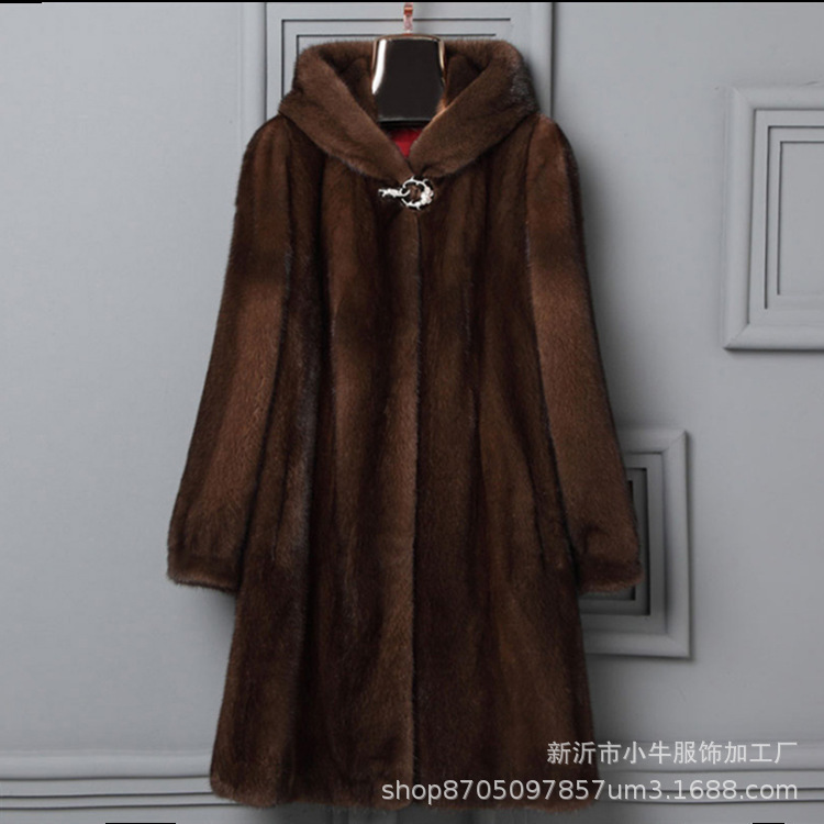 2026 Haining Mink Fur Coat for Women, Long Style, Full Mink Fur, Large Size, Middle-Aged and Elderly, Hooded Faux Fur Coat
