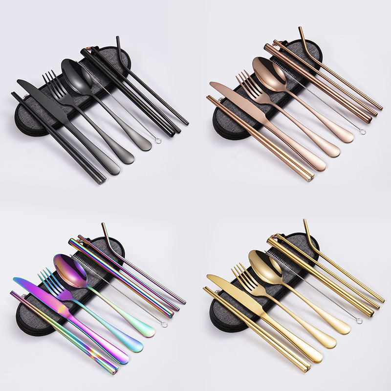 304 stainless steel portable tableware set outdoor travel camping tableware 8 piece set knife fork spoon chopsticks straw combination