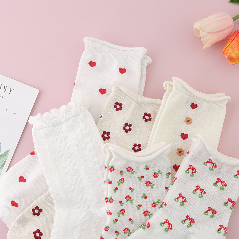 DAMEI Corea del Sur primavera y verano lindo calcetines de algodón puro amor de las mujeres pequeña flor curling media pantorrilla calcetines de moda ins calcetines japoneses