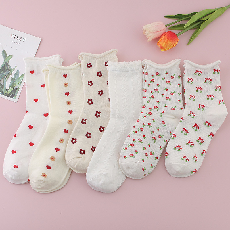 DAMEI Corea del Sur primavera y verano lindo calcetines de algodón puro amor de las mujeres pequeña flor curling media pantorrilla calcetines de moda ins calcetines japoneses
