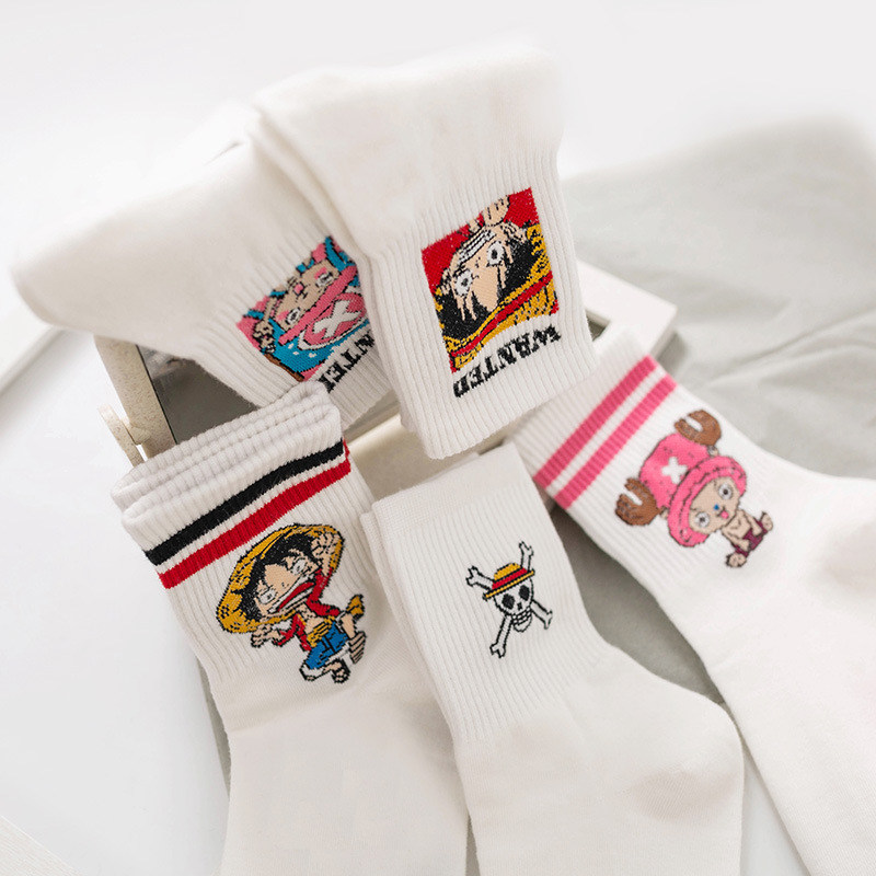 Primavera y verano nuevos calcetines de algodón para mujer Dibujos animados Luffy Qiao Ba calcetines a media pierna calcetines de algodón a rayas Calcetines de estilo japonés moda