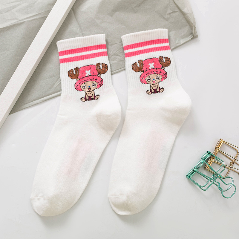 Primavera y verano nuevos calcetines de algodón para mujer Dibujos animados Luffy Qiao Ba calcetines a media pierna calcetines de algodón a rayas Calcetines de estilo japonés moda