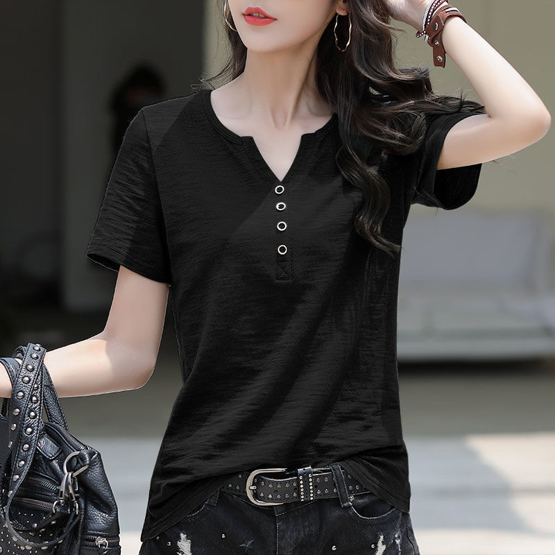 Short-Sleeved T-Shirt for Women, V-Neck, Loose Fit, Slimming, 2025 Summer Korean Style, Plus Size, Solid Color, Simple New Style, Women's Fashion, Trendy Short-Sleeved T-Shirt for Women, V-Neck, Loose Fit, Slimming, 2025 Summer Korean Style, Plus Size, Solid Color, Simple New Style, Women's Fashion, Trendy