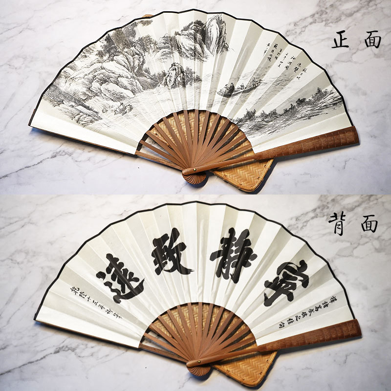 Logotipo tallado impresión publicidad ventilador de tela de seda de bambú estilo antiguo ventilador plegable mango de bambú hecho a mano ventilador de los hombres entrega de una sola pieza
