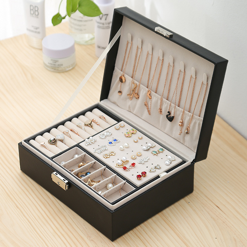 Caja de joyería de doble capa con cerradura Caja de joyería Pendientes Pendientes Caja de almacenamiento Collar Caja de anillo Caja de joyería Caja de embalaje de mano