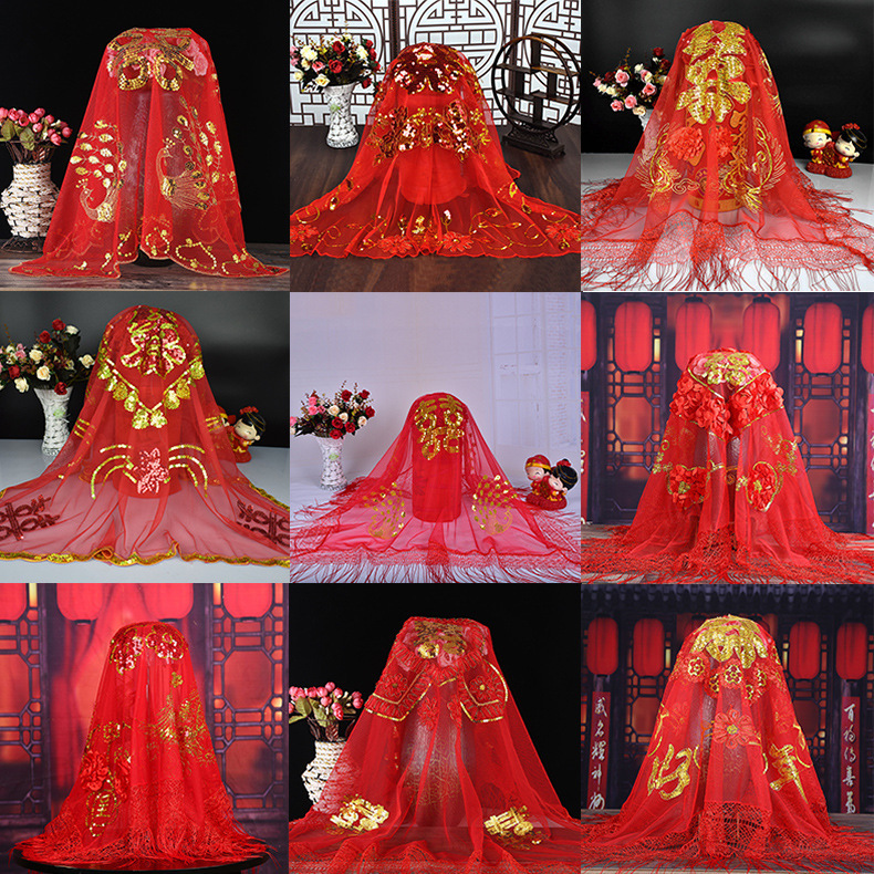 Red Bridal Veil with Chinese-Style Sequin Embroidery, Red Veil for Wedding Celebrations, Fabric for Wedding Ceremonies, New Model Red Bridal Veil with Chinese-Style Sequin Embroidery, Red Veil for Wedding Celebrations, Fabric for Wedding Ceremonies, New Model