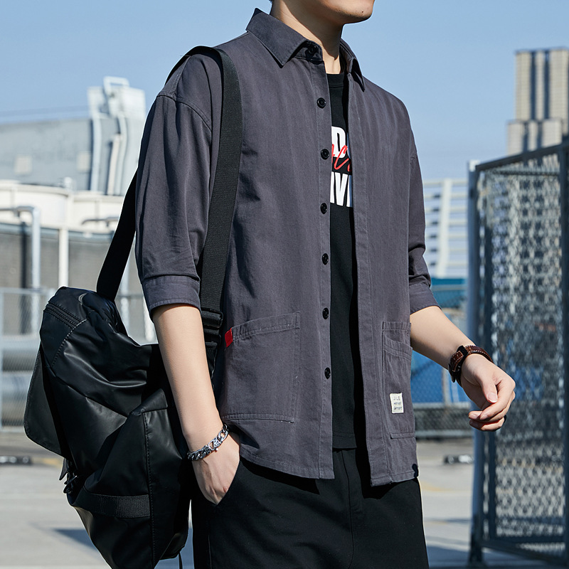 Men's Korean-style Long-sleeved Shirt Spring and Summer Top Fashionable Handsome Seven-sleeved Crock Shirt Casual Loose Jacket