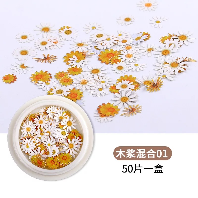 Internet celebridad estilo Accesorios de uñas ultra-Delgado clavo pulpa de madera pequeña Margarita flor hoja mixta uñas pegatinas Decoración