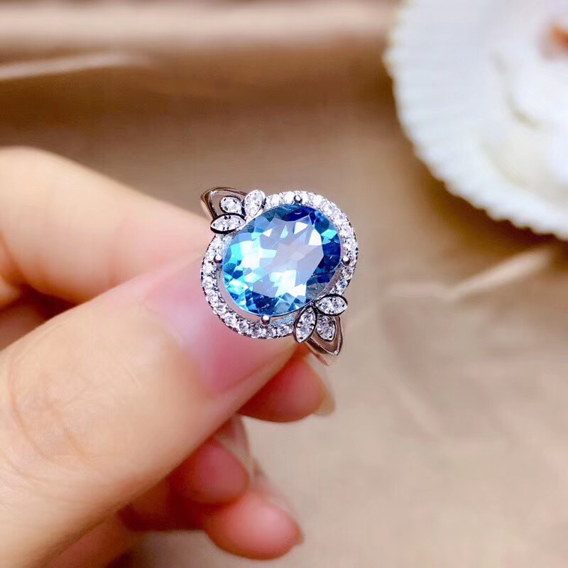 Zhenrong wish Amazon Independent Station Cross-border Source Micro-inlaid Swiss Aqua Topaz Oval Engagement Ring